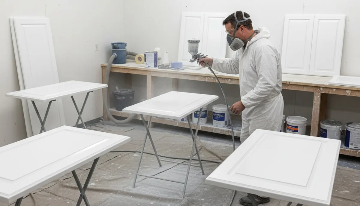 Painter spraying smooth cabinet finish in Redmond WA kitchen during professional cabinet refinishing process