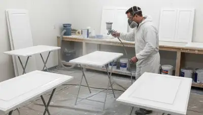 Painter spraying smooth cabinet finish in Redmond WA kitchen during professional cabinet refinishing process
