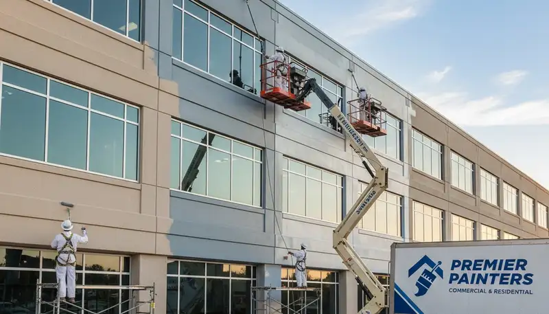 Professional commercial painters working on office exterior in Redmond, WA