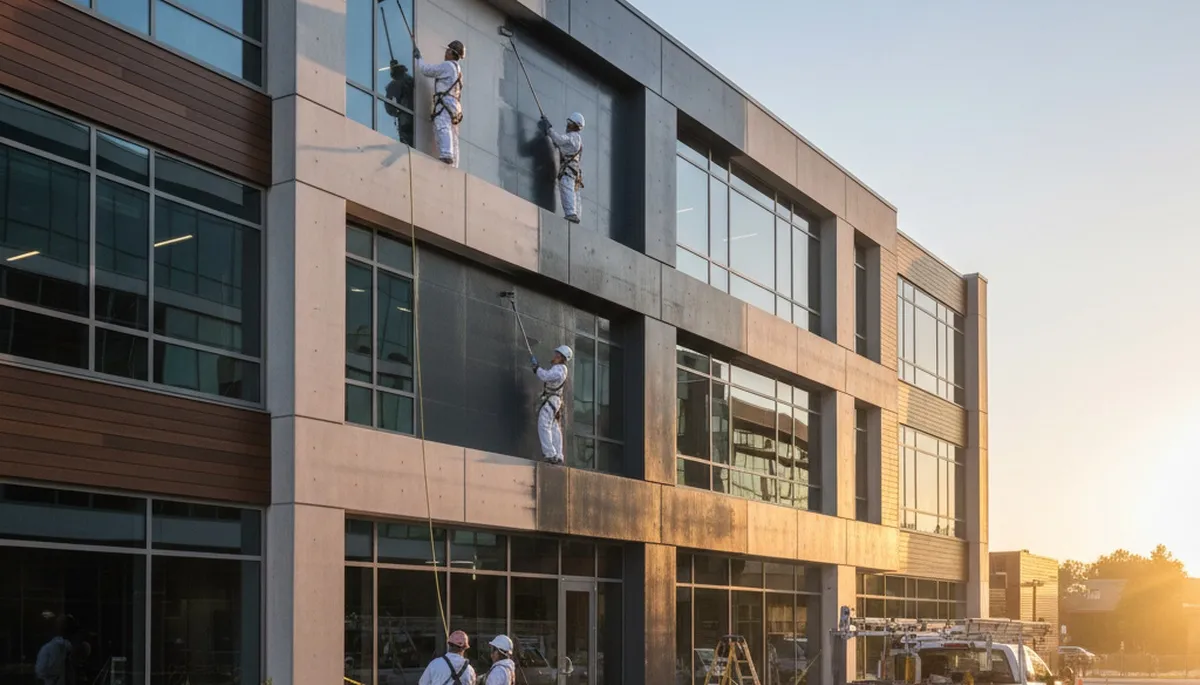 Professional commercial painters working on an office exterior in Redmond, WA