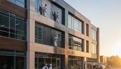 Professional commercial painters working on an office exterior in Redmond, WA