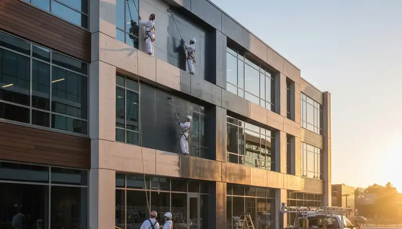 Professional commercial painters working on an office exterior in Redmond, WA