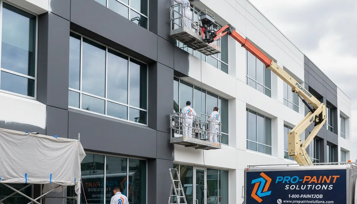 Professional commercial painters working on office building exterior in Redmond, WA