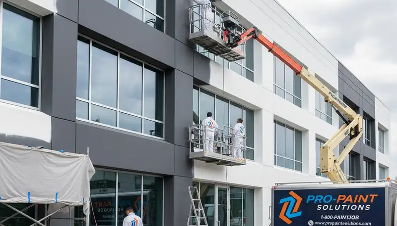 Professional commercial painters working on office building exterior in Redmond, WA