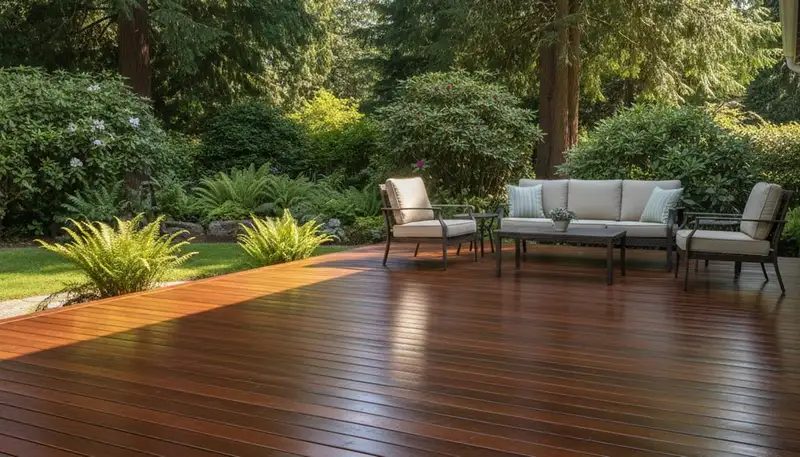 Finished deck staining in Redmond, WA showcasing rich wood finish and weather protection by expert painters