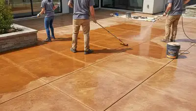 Professional concrete staining on residential patio in Redmond, WA by local house-painting experts