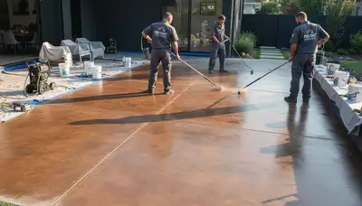 Professional concrete staining on residential patio in Redmond, WA by local house painters