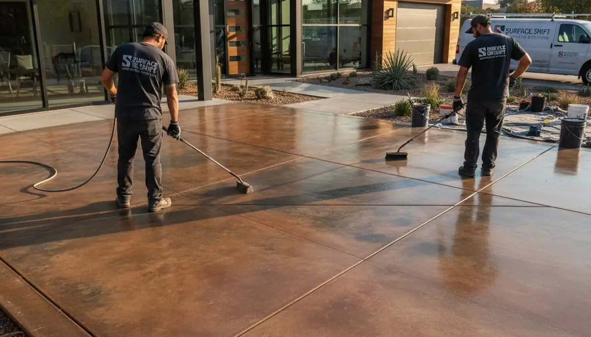 Professional concrete staining on residential patio in Redmond WA by local house painting experts