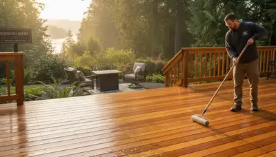 Professional deck staining in Redmond WA enhancing wood beauty and protecting outdoor decks from moisture
