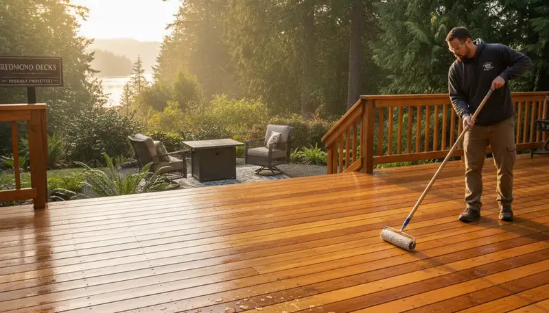 Professional deck staining in Redmond WA enhancing wood beauty and protecting outdoor decks from moisture