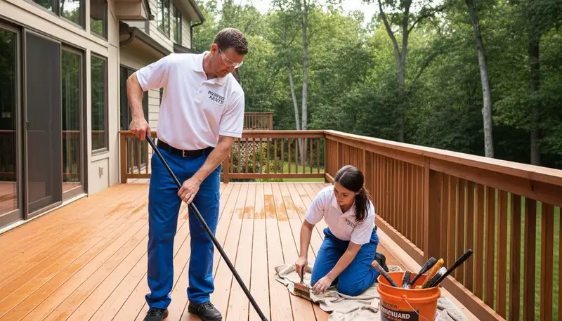 Professional deck staining service protecting wood decks in Redmond, WA home exterior