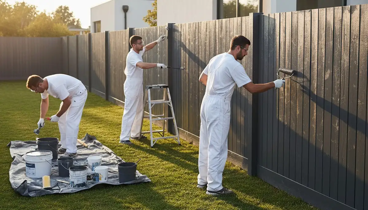 Professional fence painters staining wood fence in Redmond, WA for weather protection