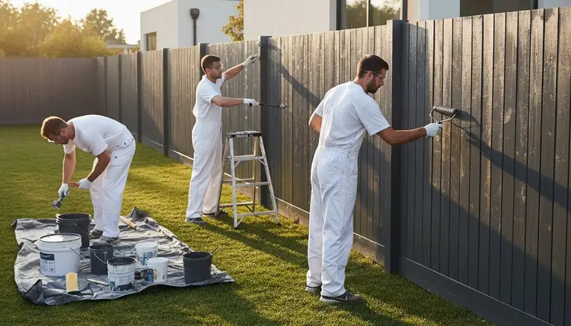 Professional fence painters staining wood fence in Redmond, WA for weather protection