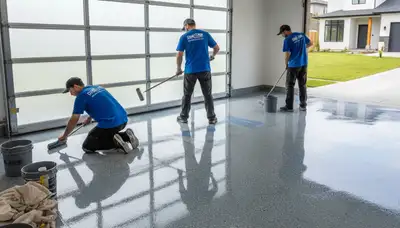 Professional painters applying durable epoxy garage floor coating in Redmond, WA