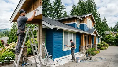 Professional house painters applying exterior paint on Redmond WA home by paintersredmondwa.com
