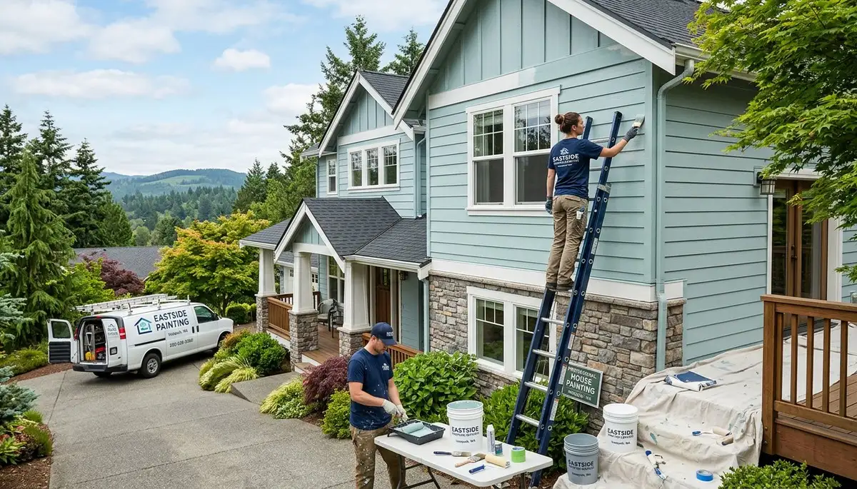 Professional house painters working on exterior home repaint in Redmond, WA