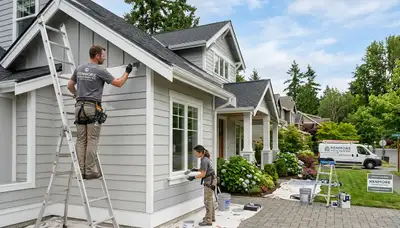 Professional house painters in Redmond WA applying exterior paint to a modern home façade