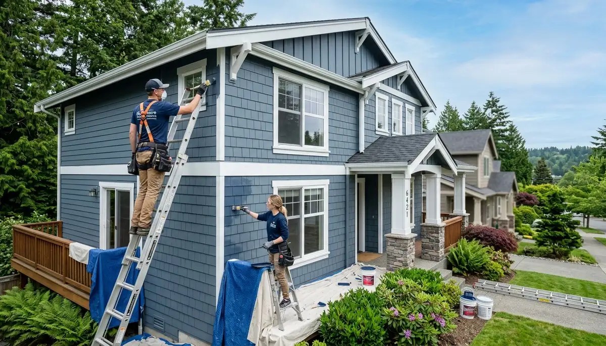 Professional house painters in Redmond WA finishing exterior home painting project