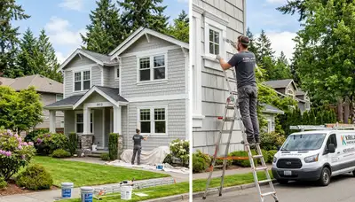 Professional house painters working on exterior home painting in Redmond, WA