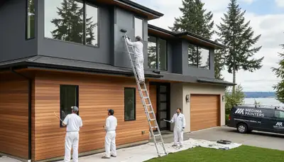 Professional house painters finishing exterior home in Redmond WA