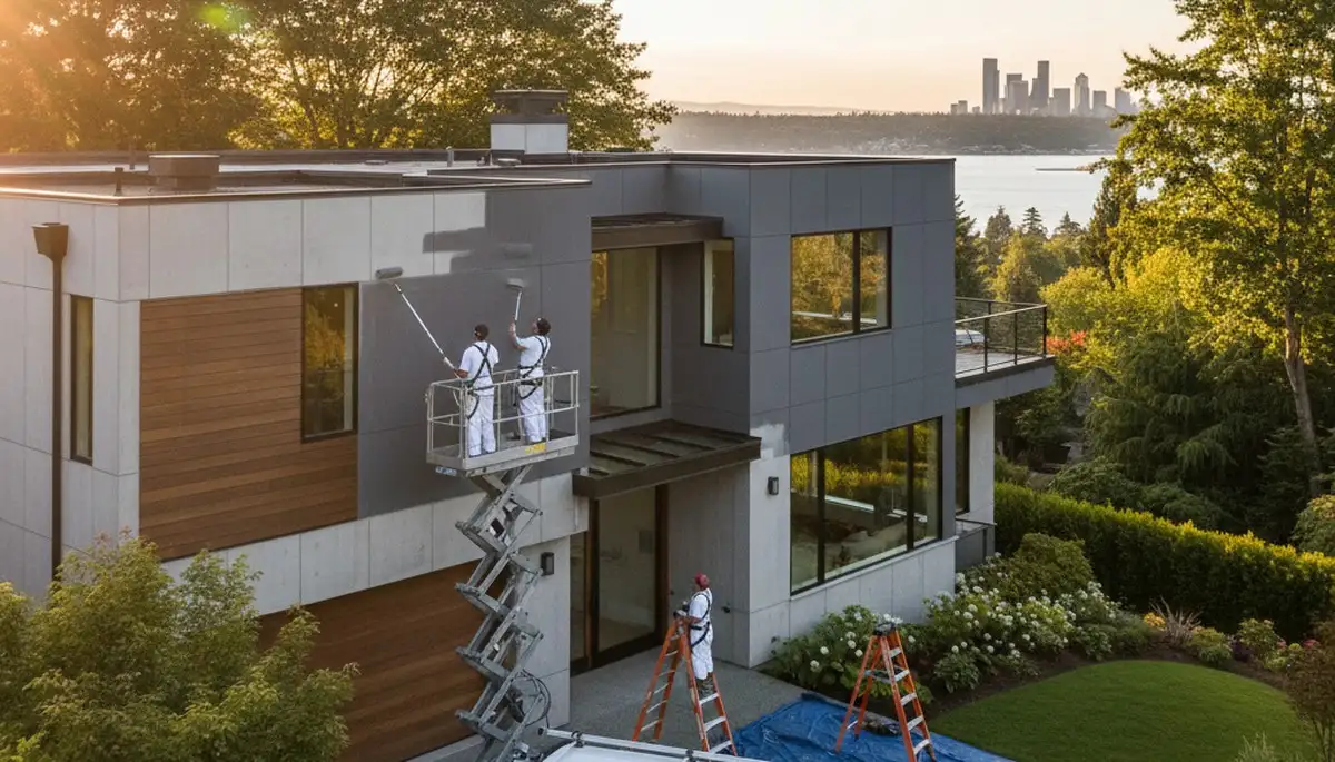 Professional house painters in Redmond WA applying fresh exterior paint to a suburban home