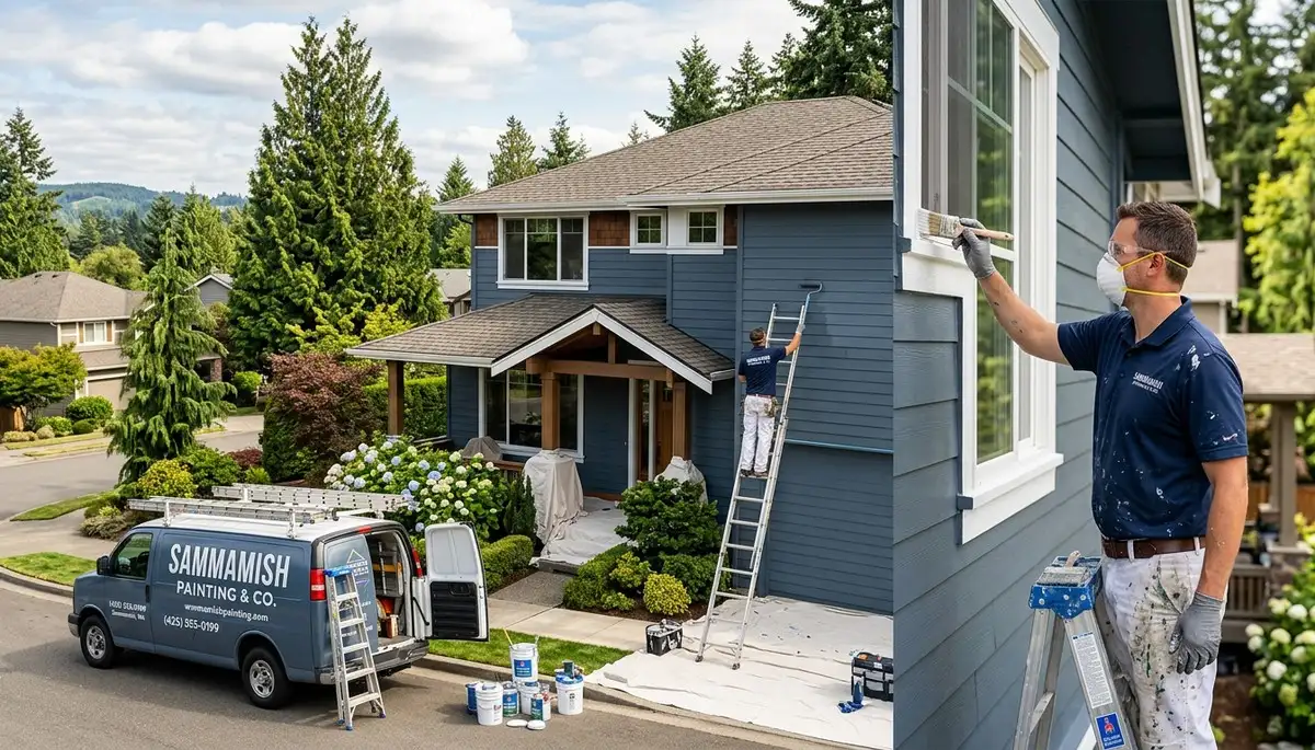 Professional house painters in Redmond WA applying exterior paint to a residential home façade