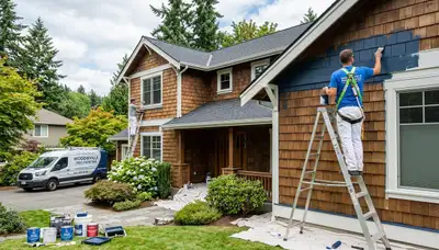 Professional house painters working on residential exterior in Redmond WA