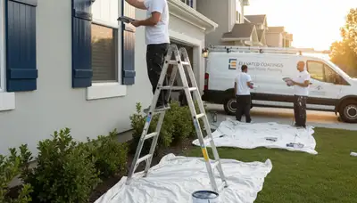 Professional painters refinishing house shutters in Redmond, WA with durable exterior paint finish