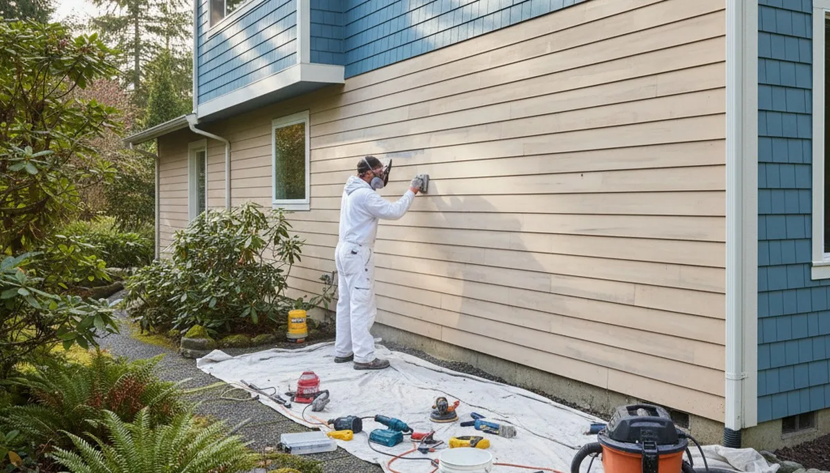 Painter sanding exterior siding during surface prep in Redmond, WA for durable exterior paint finish