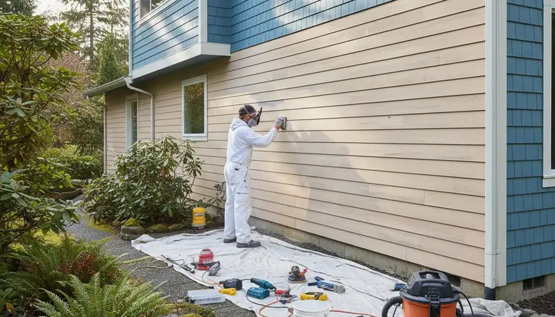 Painter sanding exterior siding during surface prep in Redmond, WA for durable exterior paint finish